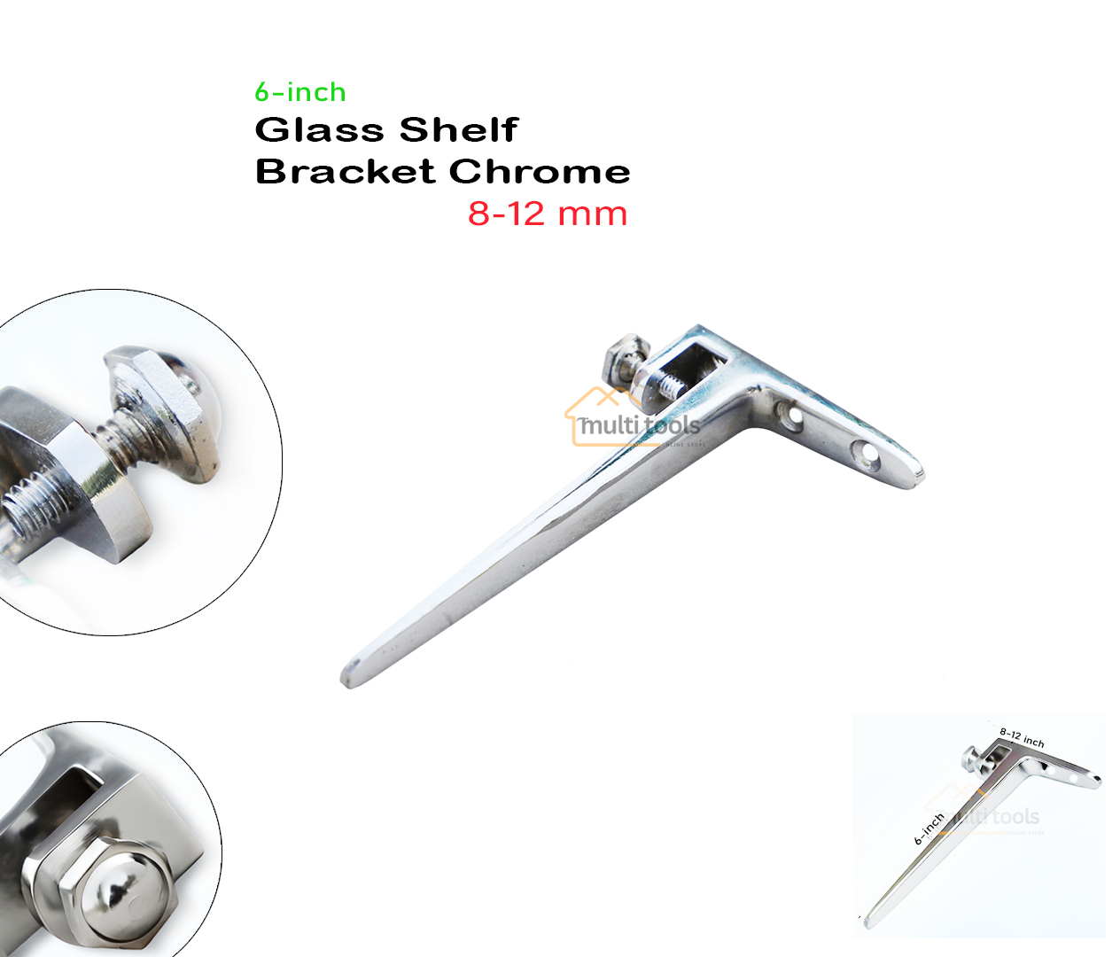 Glass Shelf Bracket Chrome 8-12mm (6 Inch)